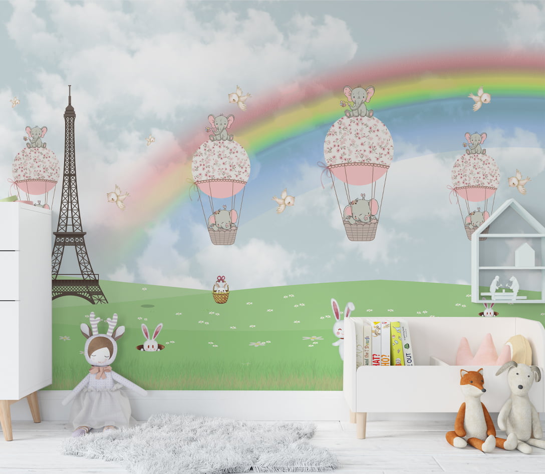 Papel de Parede quarto infantil animais campo torre arco-íris balões - VR676