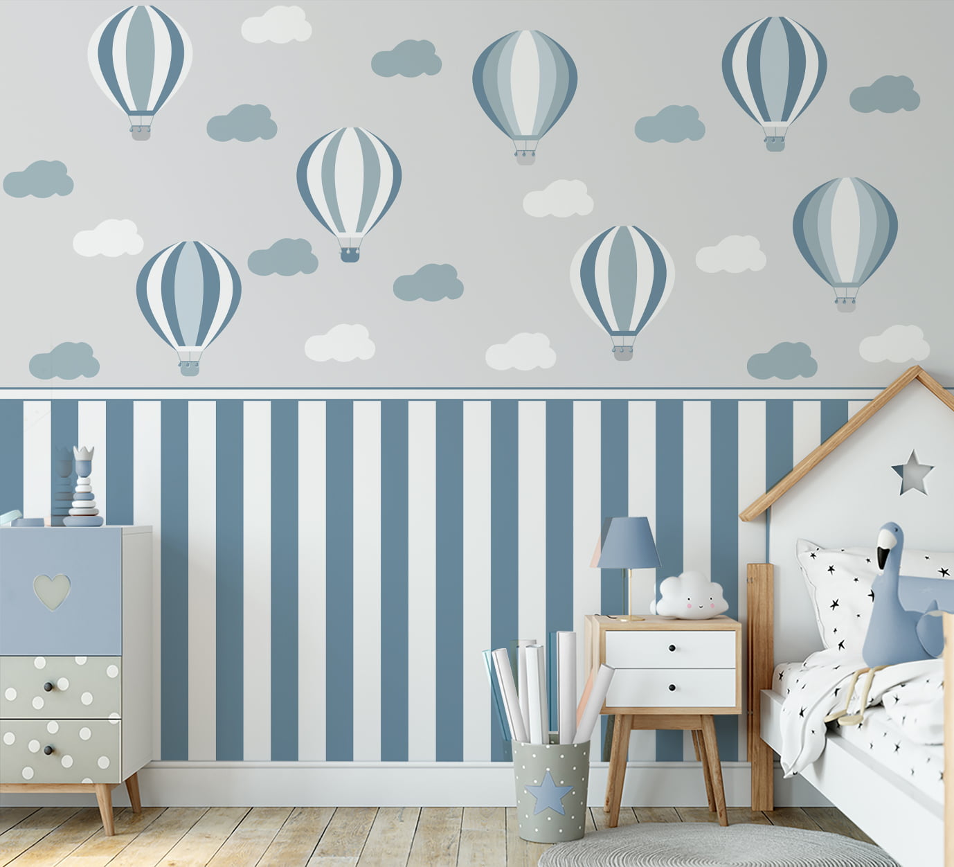 Papel de Parede quarto infantil bebê balões azul e branco - VR674