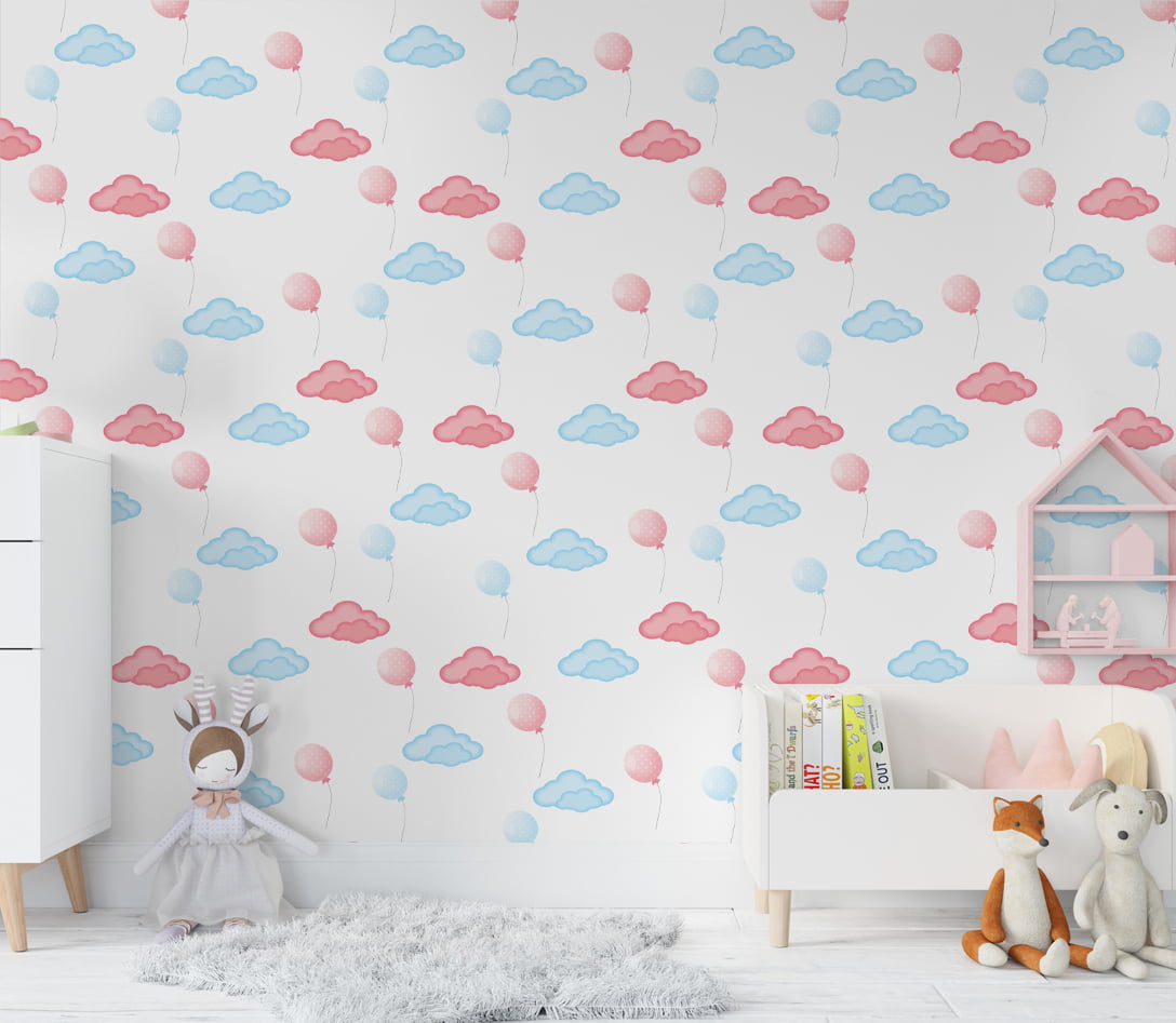 Papel de Parede quarto infantil nuvens coloridas balões céu bebê - VR678