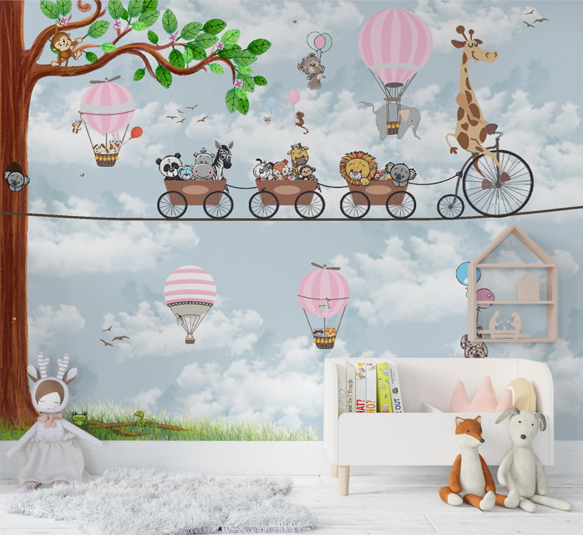 Papel de Parede quarto infantil safari girafinha balões árvore bebê - VR677