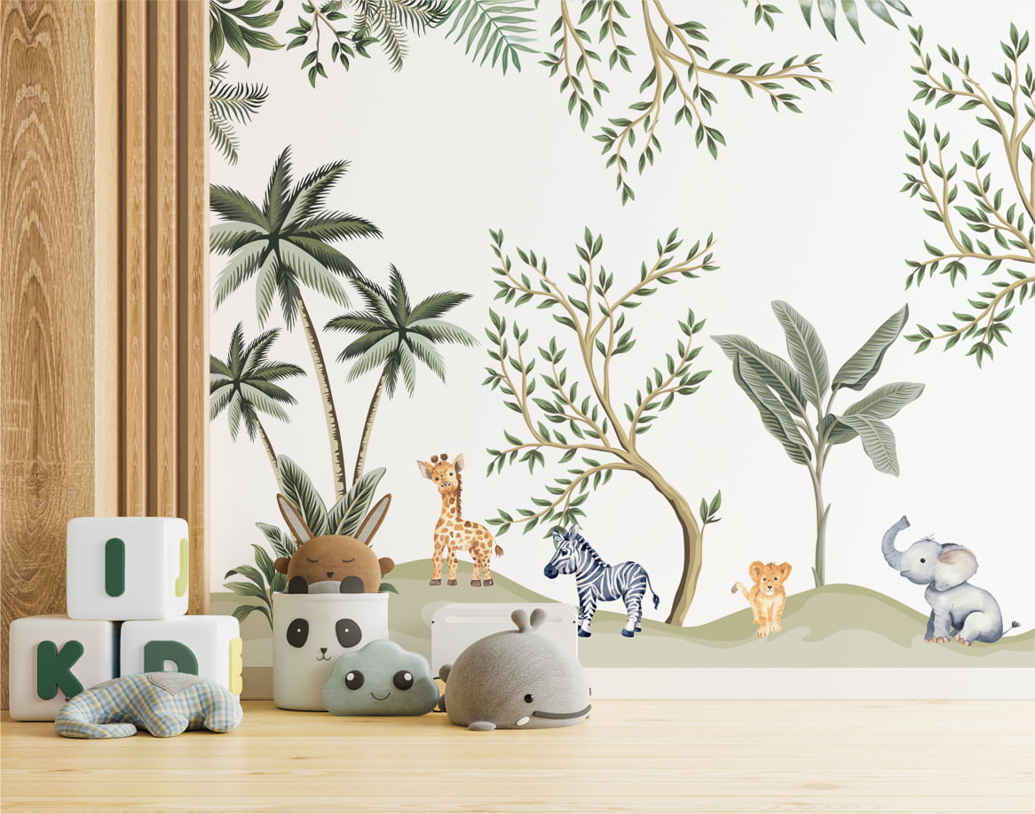 Papel De Parede Safari Animais Floresta Quarto De Bebê Infantil - VR591