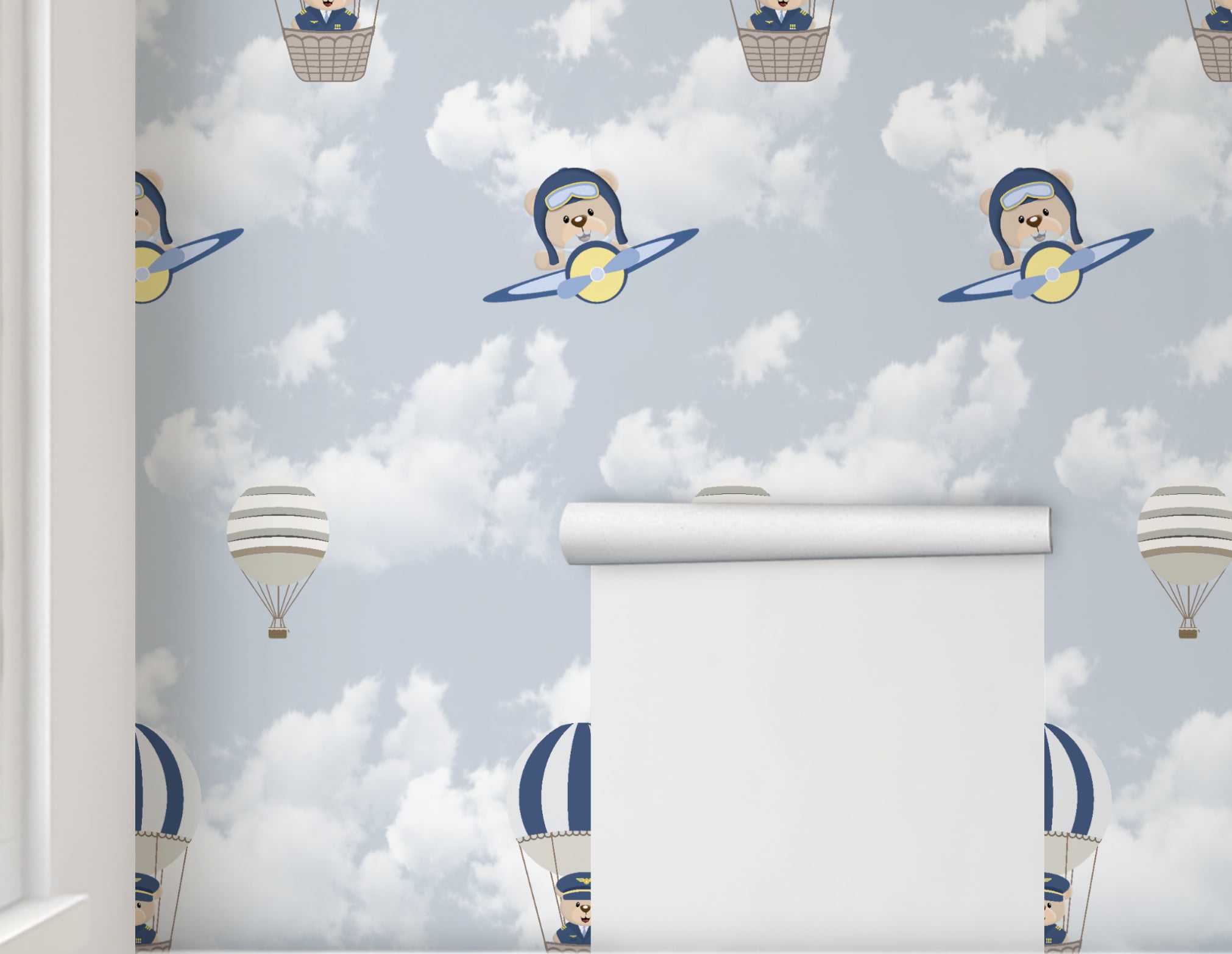 Papel de Parede Urso Baloeiro Azul Infantil Colorido Rolo 3m