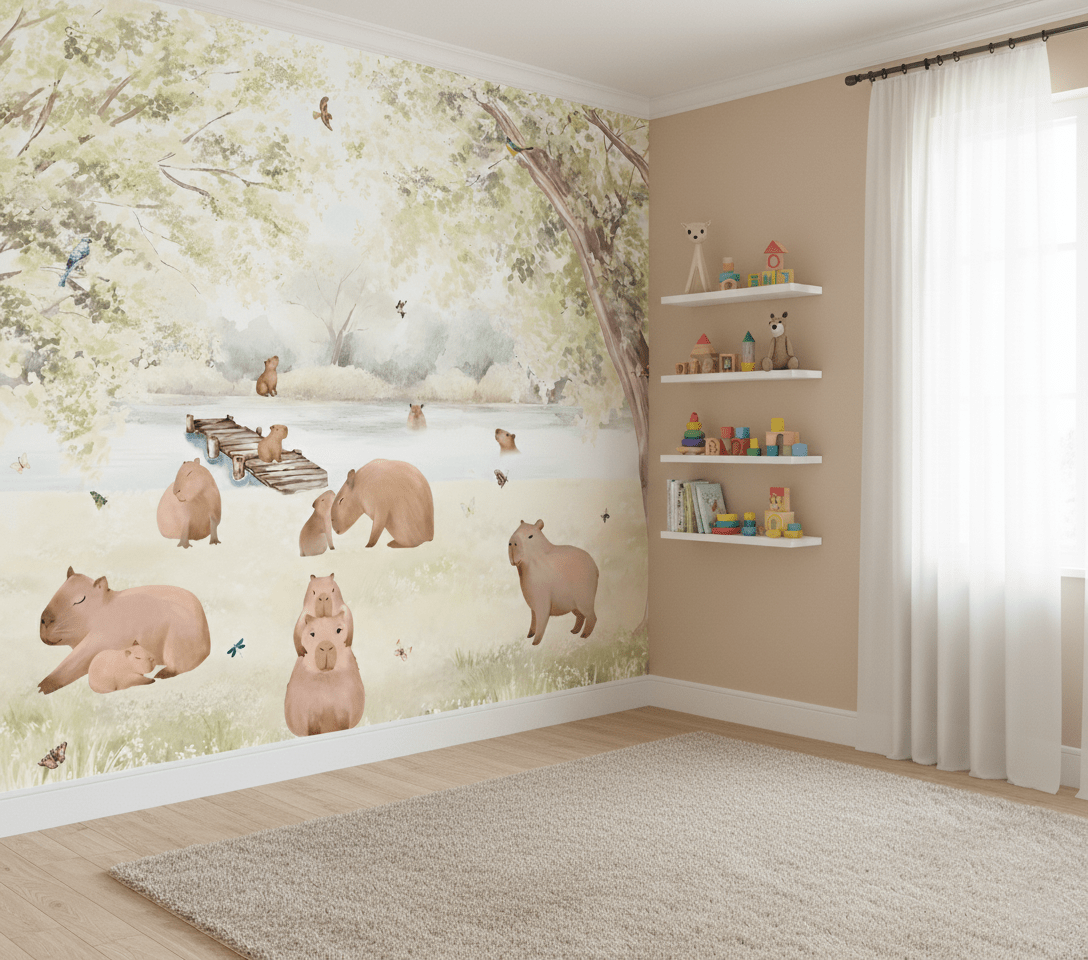 Papel De Parede Infantil Capivaras Na Lagoa Aquarelado Marrom-claro VR772 