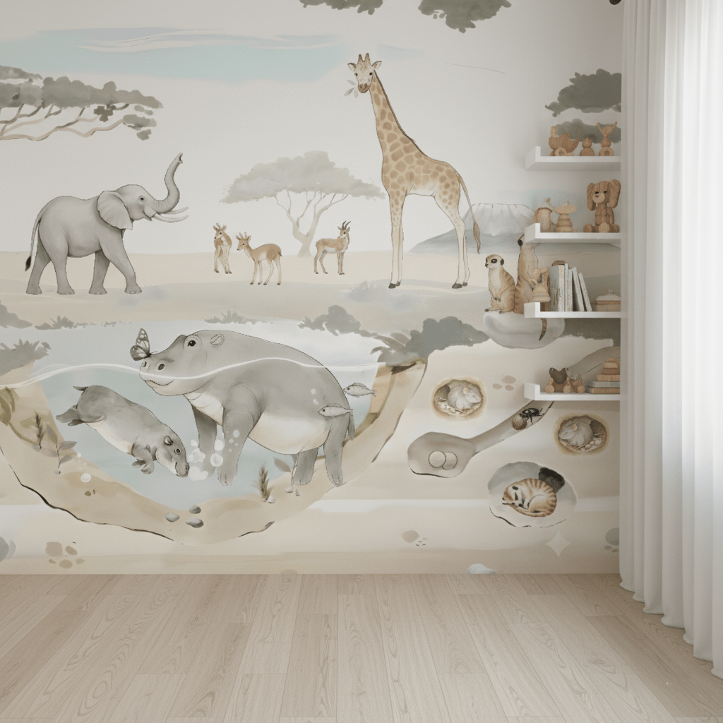 Papel De Parede Infantil Safari Animais Selvagens  Marrom-claro VR767