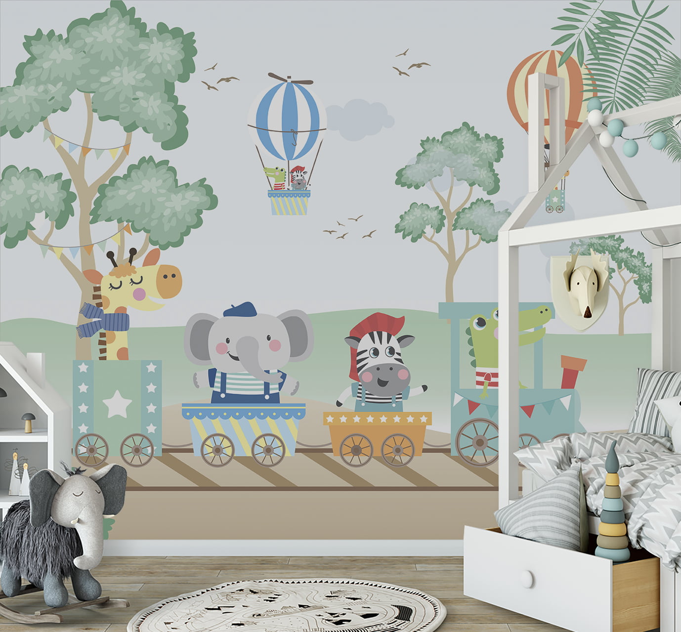 Papel de parede infantil para quarto de bebê safari no trenzinho