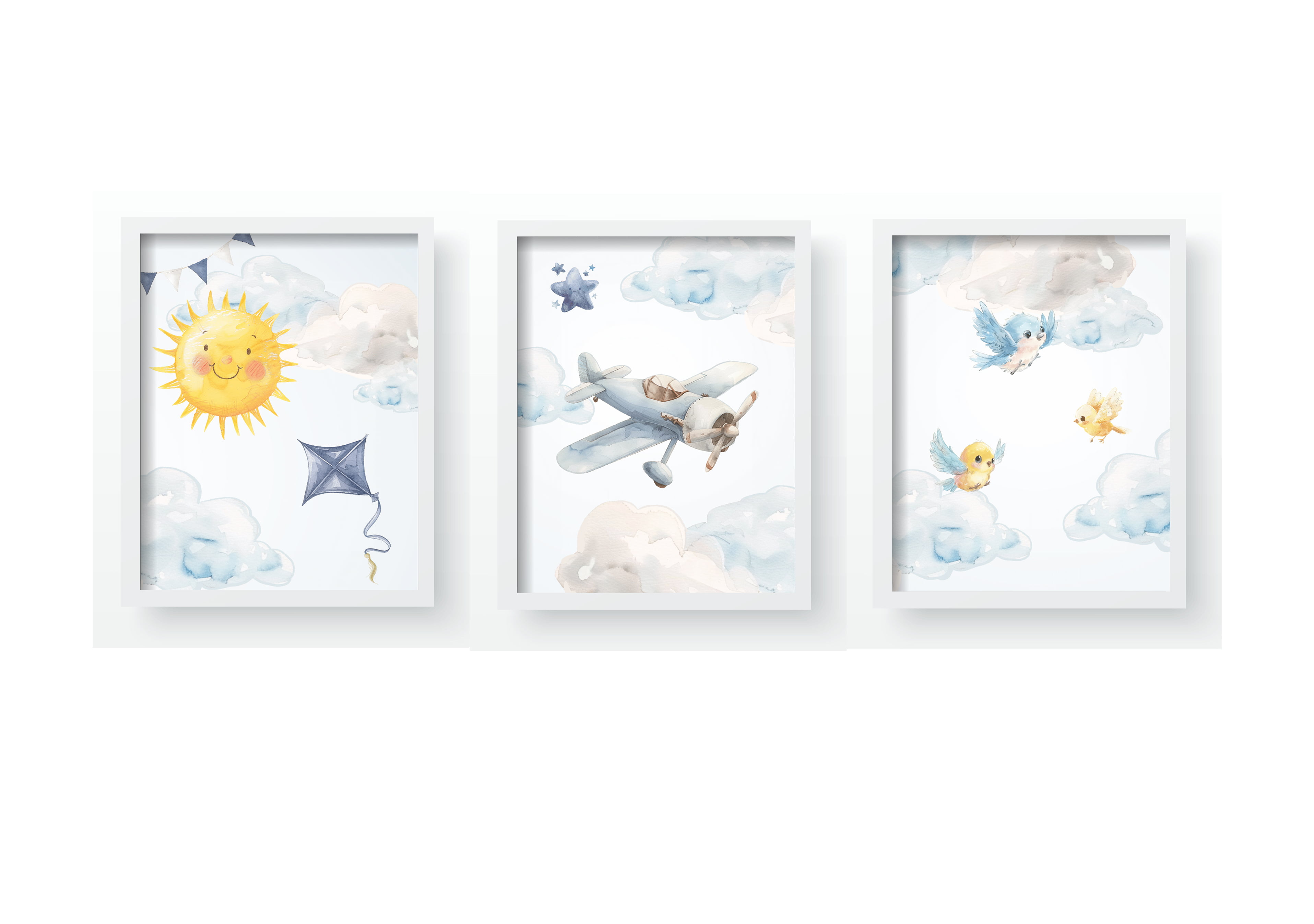 Quadro Decorativo Infantil  Avião Nuvens Céu Menino Personalizado Moldura MDF QD721