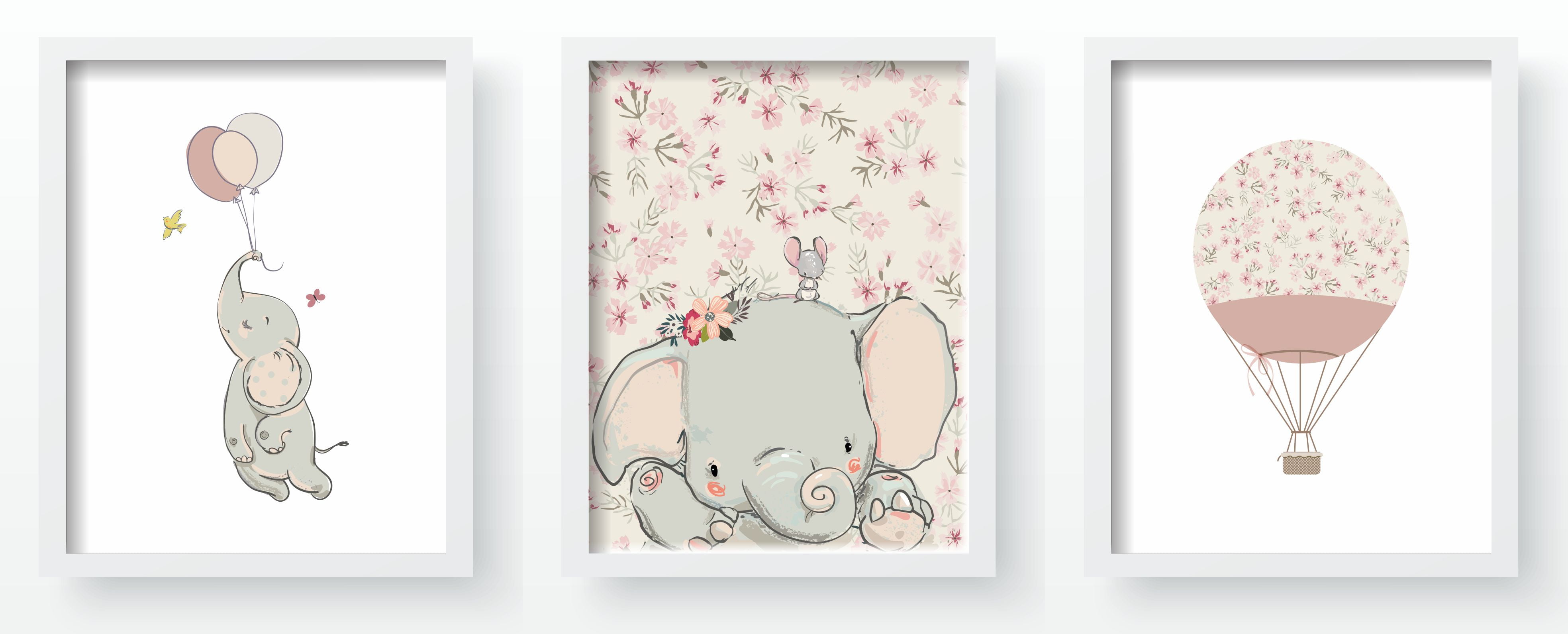 Quadro Decorativo Infantil de parede Elefantinha Floral