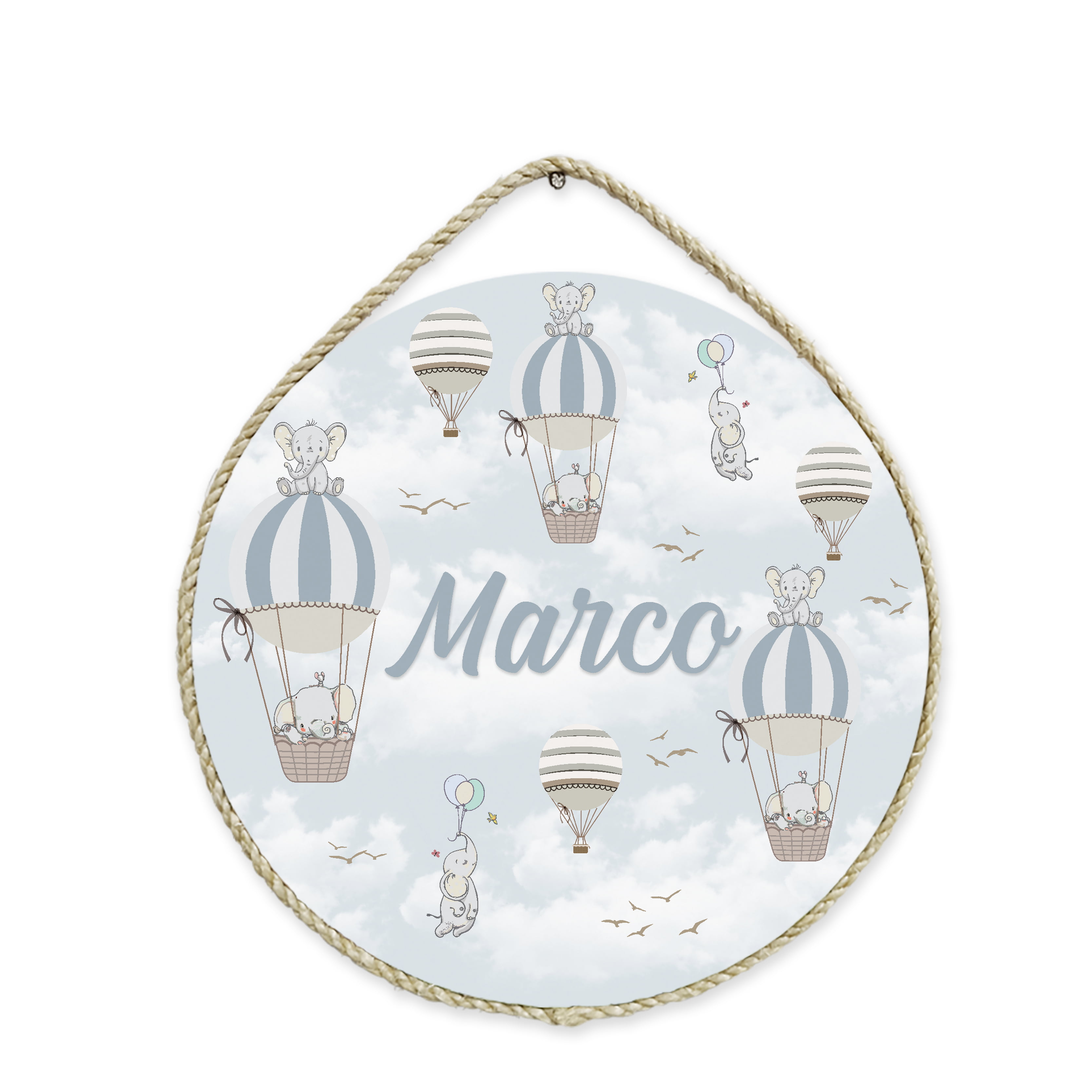 Porta Maternidade Personalizado Elefantes com Balões Azul Menino PM30