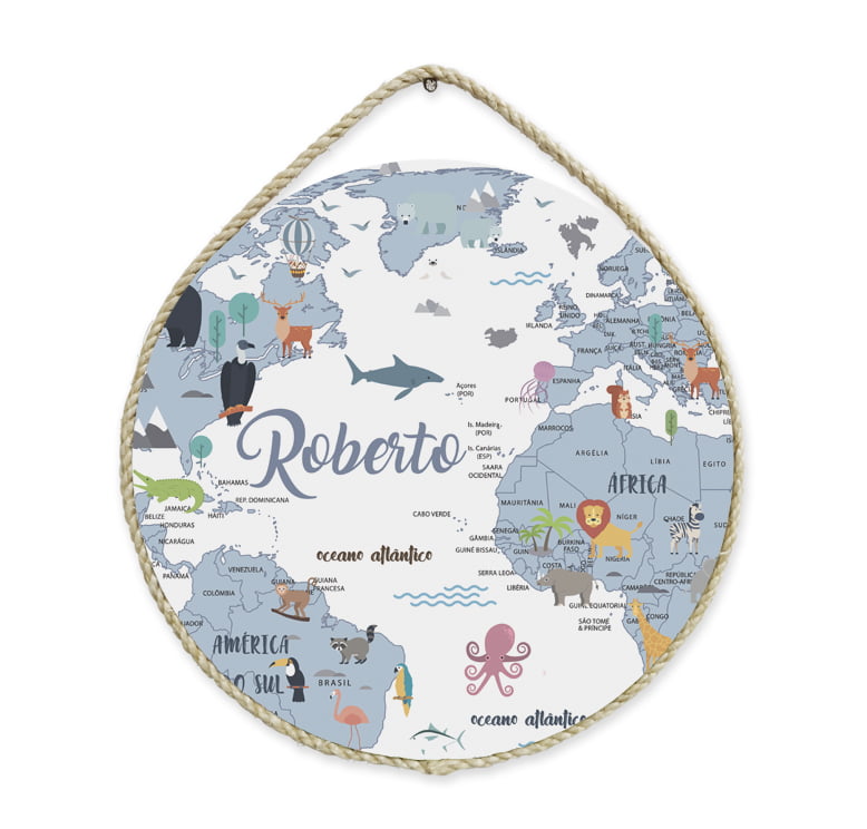 Porta Maternidade Personalizado Mapa Mundi Azul e Branco Infantil - PM158