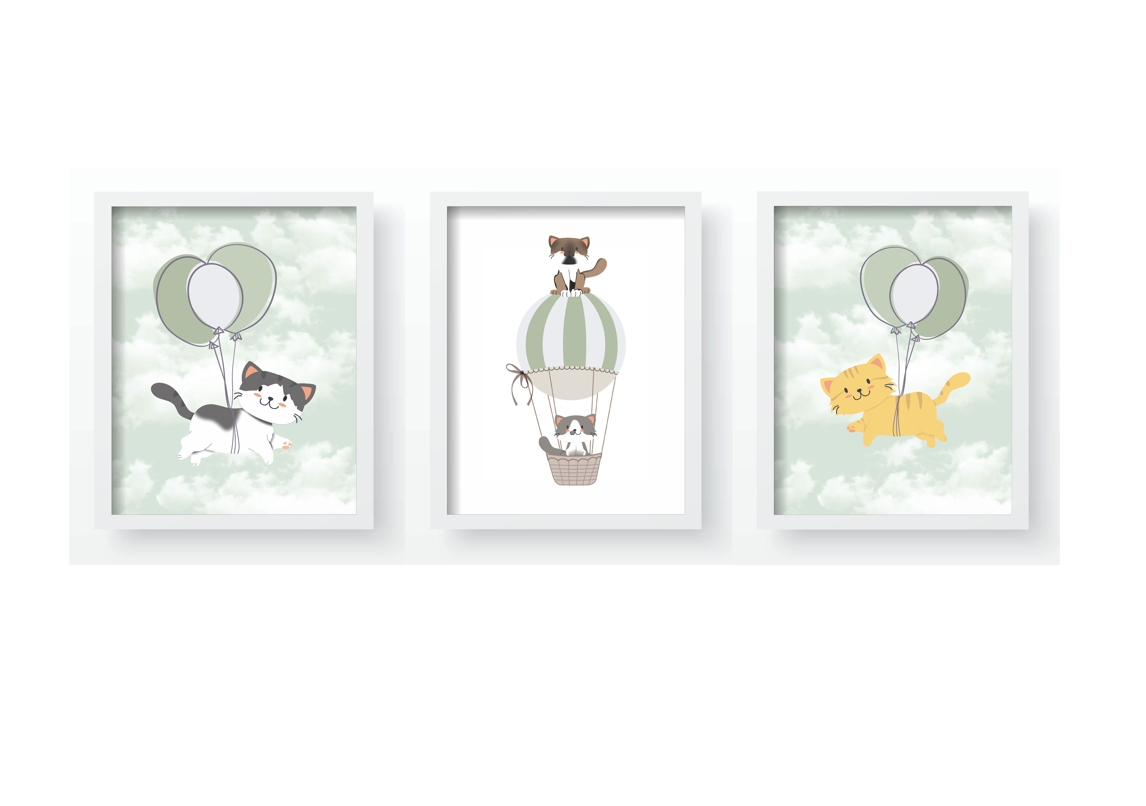 Quadro Decorativo Infantil Gatos no balão verde QD256