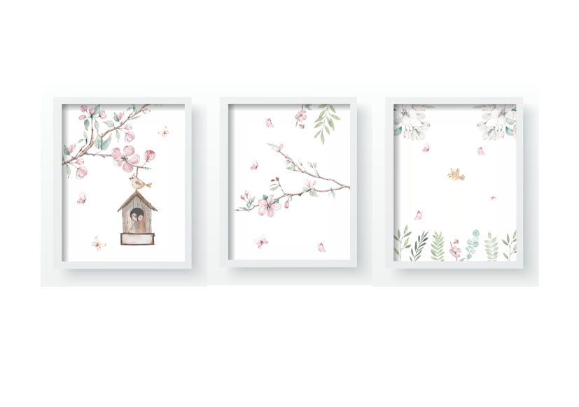 Quadros Decorativo floral borboletinhas rosas flores pássaro Infantil QD482