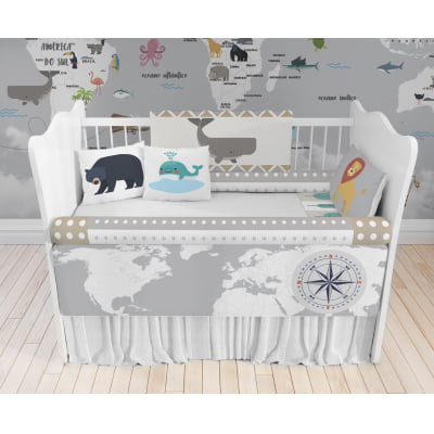 Kit Berço Enxoval de Bebê Safari Mapa Mundi 