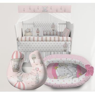 Kit Berço Completo Ninho Amamentadora Balões Elefantes Menina Bebê Infantil Rosa - KTPR30R