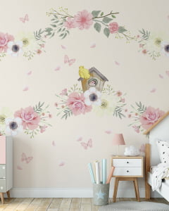 Papel de parede Infantil Floral Casinha dos Pássaros