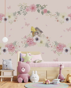 Papel de Parede Infantil Floral Casinha dos Pássaros - VR13