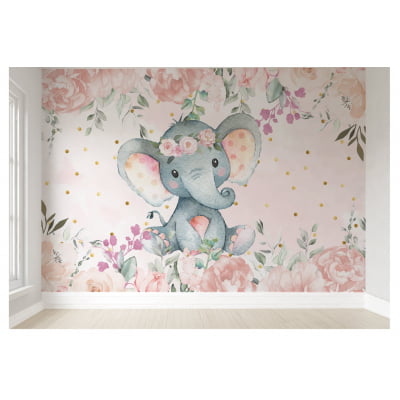 Papel de Parede Infantil Elefantinha Floral - VR449