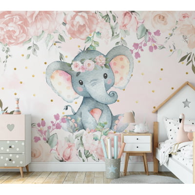 Papel de Parede Infantil Elefantinha Floral - VR449