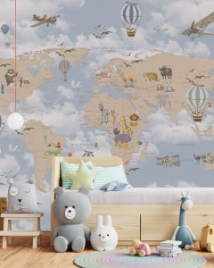 Papel de parede infantil safari mapa mundi