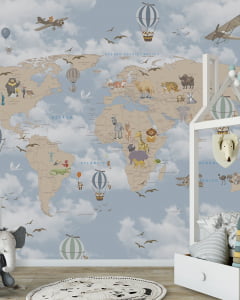 Papel de parede infantil safari mapa mundi