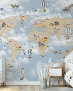 Papel de parede infantil safari mapa mundi