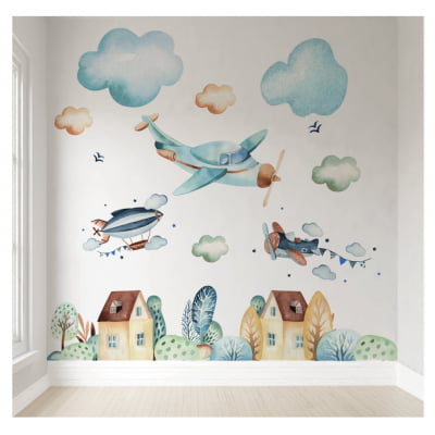 Papel de parede infantil aviões aquarela - VR470