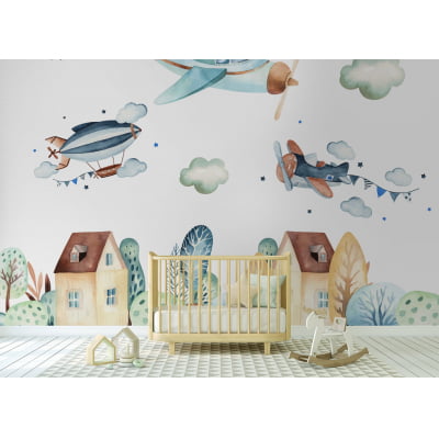 Papel de parede infantil aviões aquarela - VR470