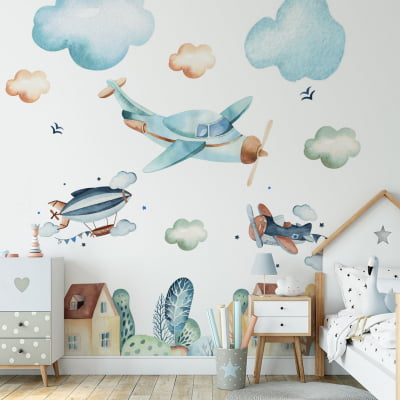 Papel de Parede Infantil para Quarto de Bebê Aviões