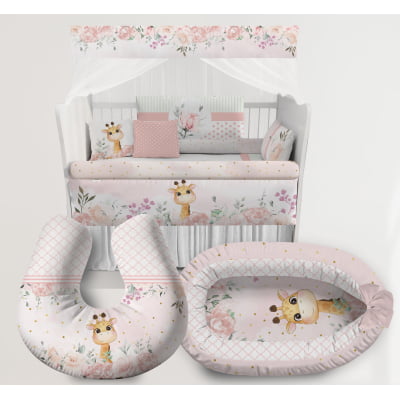 Kit Berço Completo Ninho Amamentadora Safári Rosa Menina Bebê Infantil - KTPR449