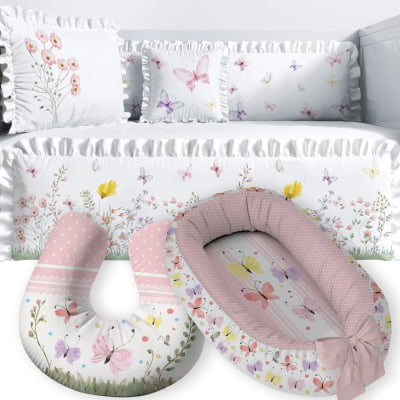 Kit Berço Completo Babado Ninho Amamentadora Floral Menina Rosa Bebê Infantil - KTPR465a