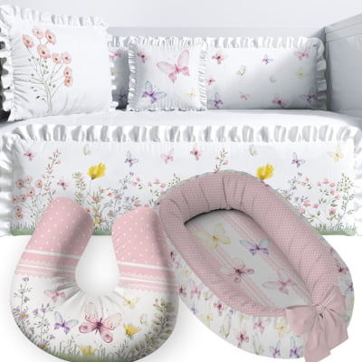 Kit Berço Completo Babado Ninho Amamentadora Floral Menina Rosa Bebê Infantil - KTPR465b