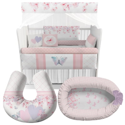 Kit Berço Completo Ninho Amamentadora Borboletas Rosa Bebê Infantil - KTPR85