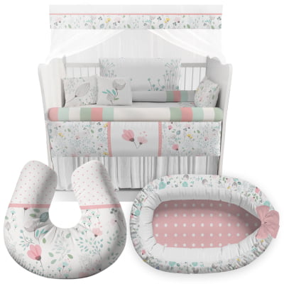 Kit Berço Completo Ninho Amamentadora Floral Menina Bebê Infantil - KTPR73