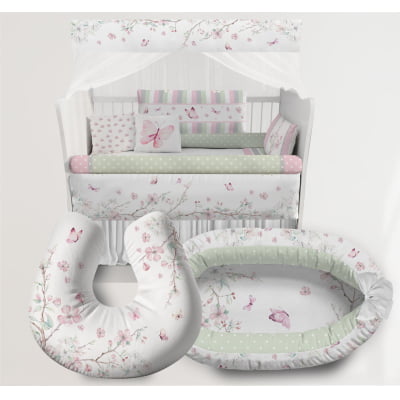 Kit Berço Completo Ninho Amamentadora Floral Rosa Menina Bebê Infantil - KTPR525