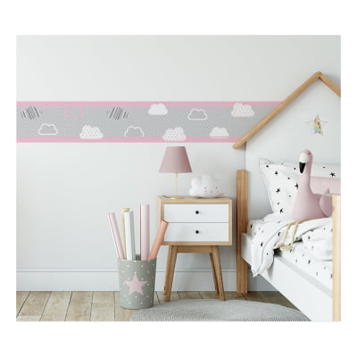 Faixa Decorativa Infantil Adesiva Nuvens Rosa - FX243