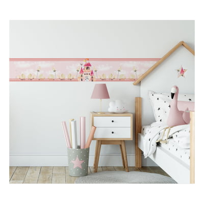 Faixa Decorativa Infantil Adesiva Princesas Castelo Rosa Menina - FX345