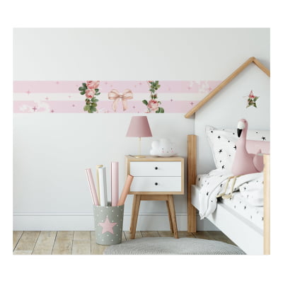 Faixa Decorativa Infantil Adesiva Flores Rosa Laços FX349