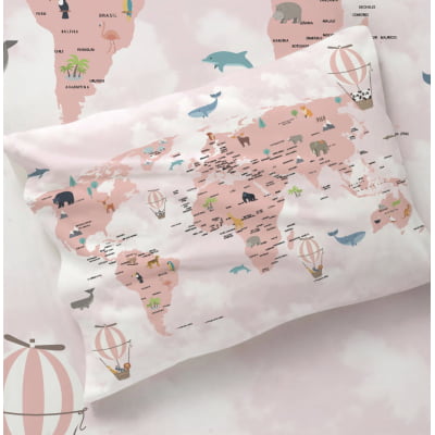 Fronha Infantil Personalizada  Avulsa Mapa Mundi Rosa Menina 50x70 - FR74