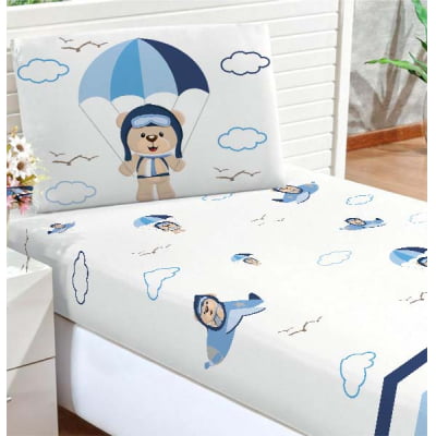 Fronha Infantil Personalizada Urso Aviador Azul Menino 100% Algodão - FR230