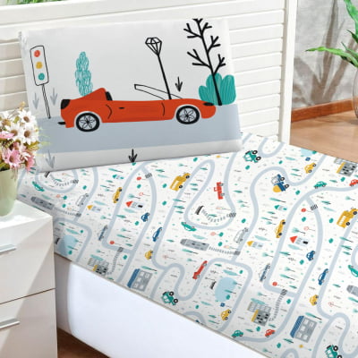 Fronha Infantil Carrinhos e Pista Azul 100% Algodão – Personalizada para Menino - FR356