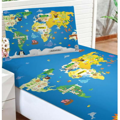 Lençol Infantil + Fronha Mapa Mundi Azul 100% Algodão-lkt75 Papel de parede  infantil, Enxovais para Bebê, Kits Berço, Kit Cama, faixa decorativa, régua do crescimento, quadros decorativos infantil.