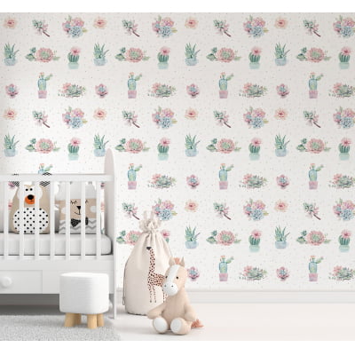 Papel de Parede Infantil Cactos Floral Rosa Menina