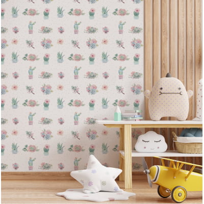 Papel de Parede Infantil Cactos Floral Rosa Menina