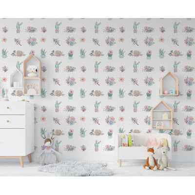 Papel de Parede Infantil Cactos Floral Rosa Menina