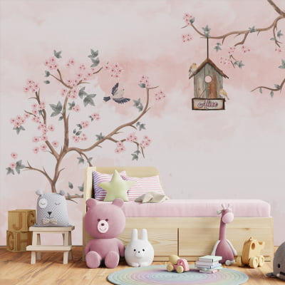 Papel de Parede Infantil Casinha de Pássaros e Árvore Floral - VR407