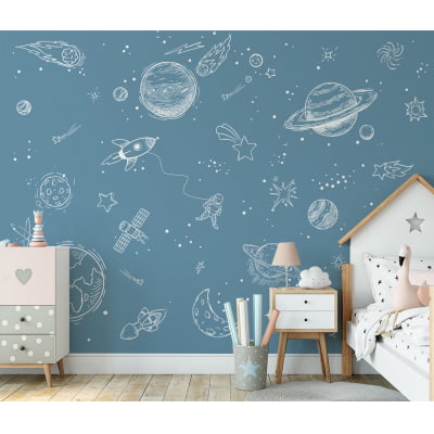 Papel de Parede Infantil Espaço, Astronauta e Planetas