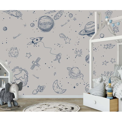 Papel de Parede Infantil Espaço, Astronauta e Planetas