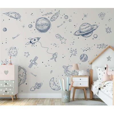 Papel de Parede Infantil Espaço, Astronauta e Planetas