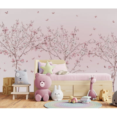 Papel de Parede floral para Quarto de Bebê Infantil Floral Árvore e Borboletas