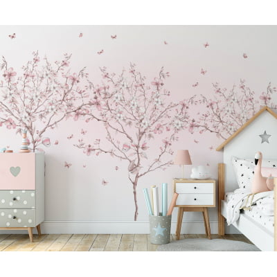 Papel de Parede floral para Quarto de Bebê Infantil Floral Árvore e Borboletas