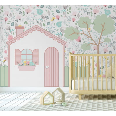 Papel de Parede Infantil Floral Casinha Menina - VR477